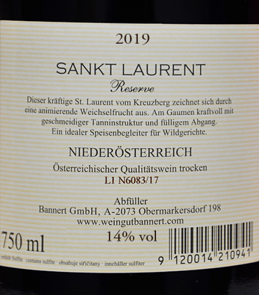 Etikett St. Laurent - Kreuzberg - Reserve 2015 Weingut Bannert - Weinviertel